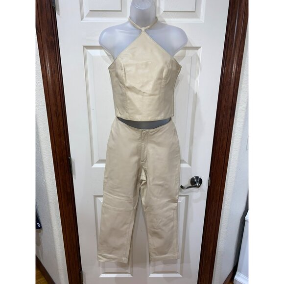 Hugo Buscati Collection Womens Cream Leather Halter Top & High-Waisted Pants Set - Picture 9 of 12